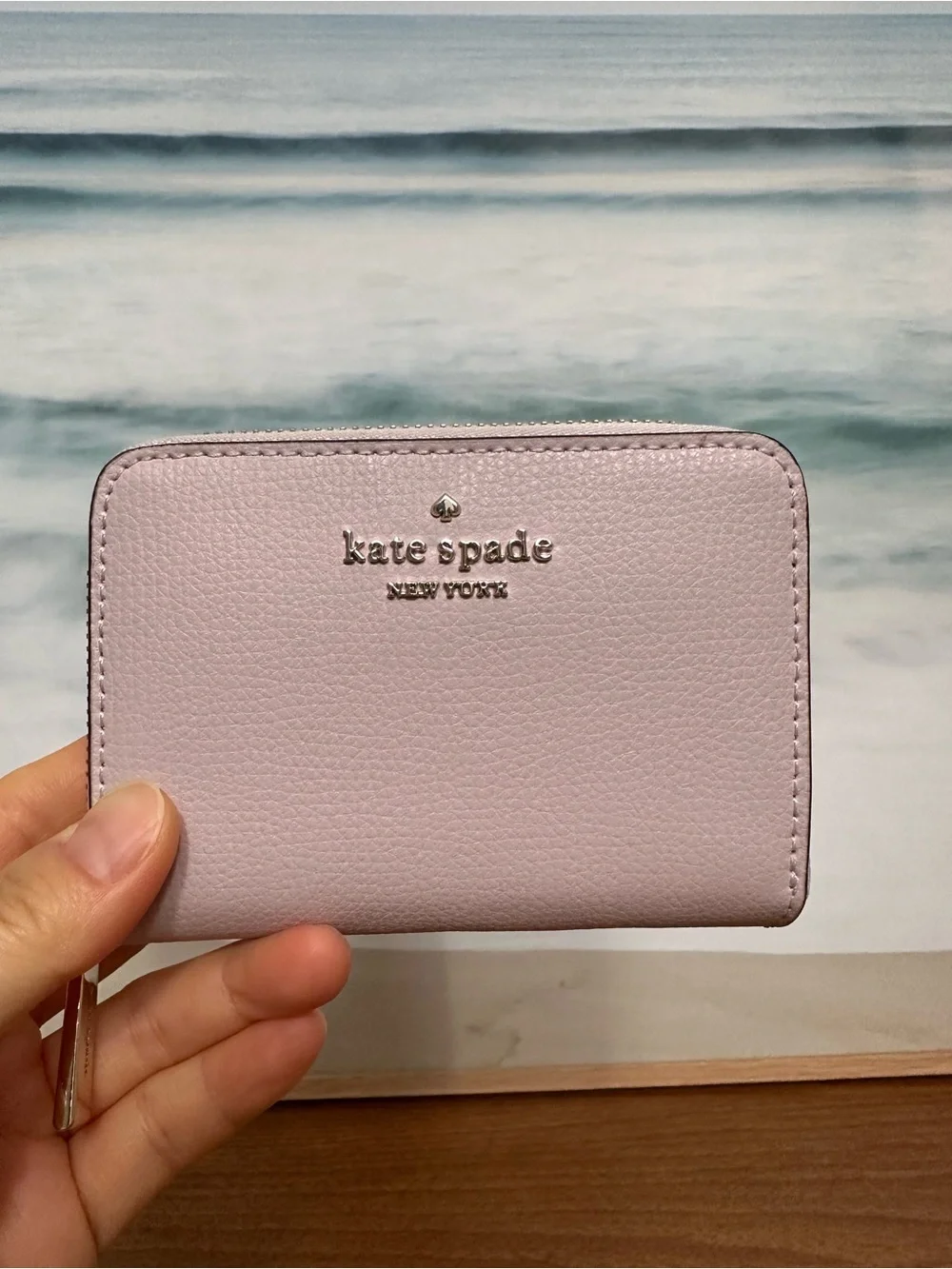 Kate Spade Lilac Pebble Zip Card Wallet with Gold Logo